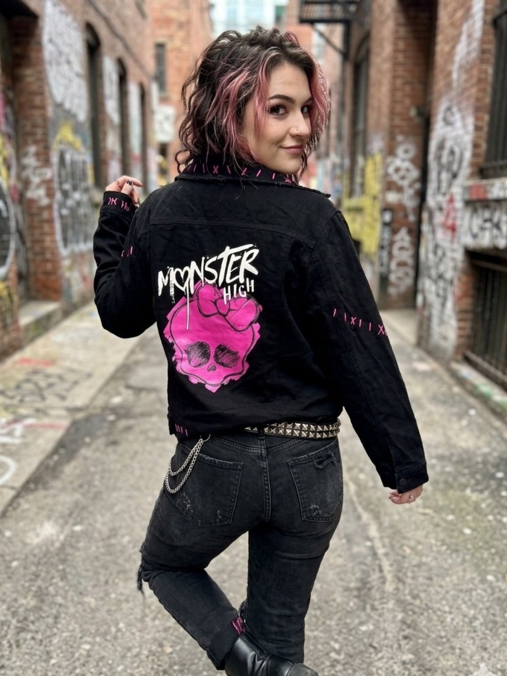 monster high Black Denim Jacket with Pink Skull Back Graphic